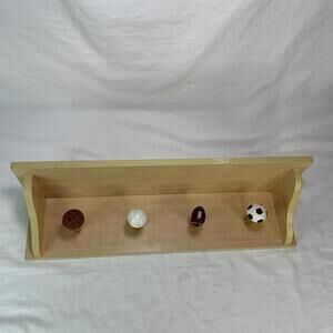 Natural Wood Kids All Sports Wall Shelf w/ 4 hooks 6 x 20 x 5in